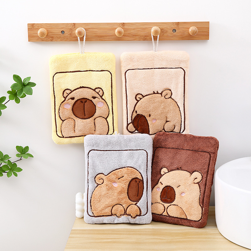 Home Bathroom Supplies - かわいいカピバラの柄がプリントされた、吊り下げ式の速乾性ハンドタオル。キッチンや浴室の掃除に最適な、吸水性の高いコーラルベルベット素材のクロス。家庭用。