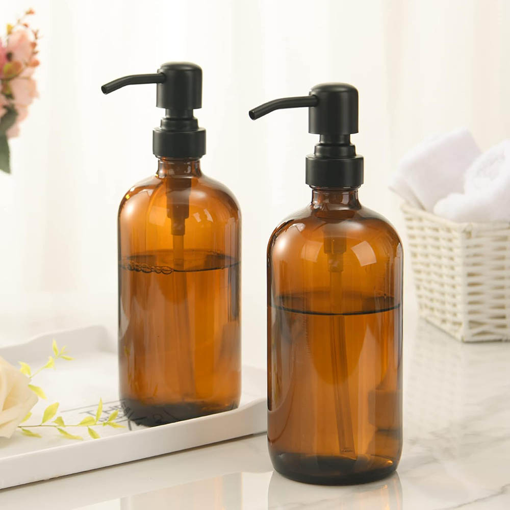 Home Bathroom Soap Dispenser - 琥珀色のガラス製ソープディスペンサー、黒いポンプ付き、浴室用液体ハンドソープディスペンサー、キッチン用食器洗い洗剤ディスペンサー、16オンス（500ml）
