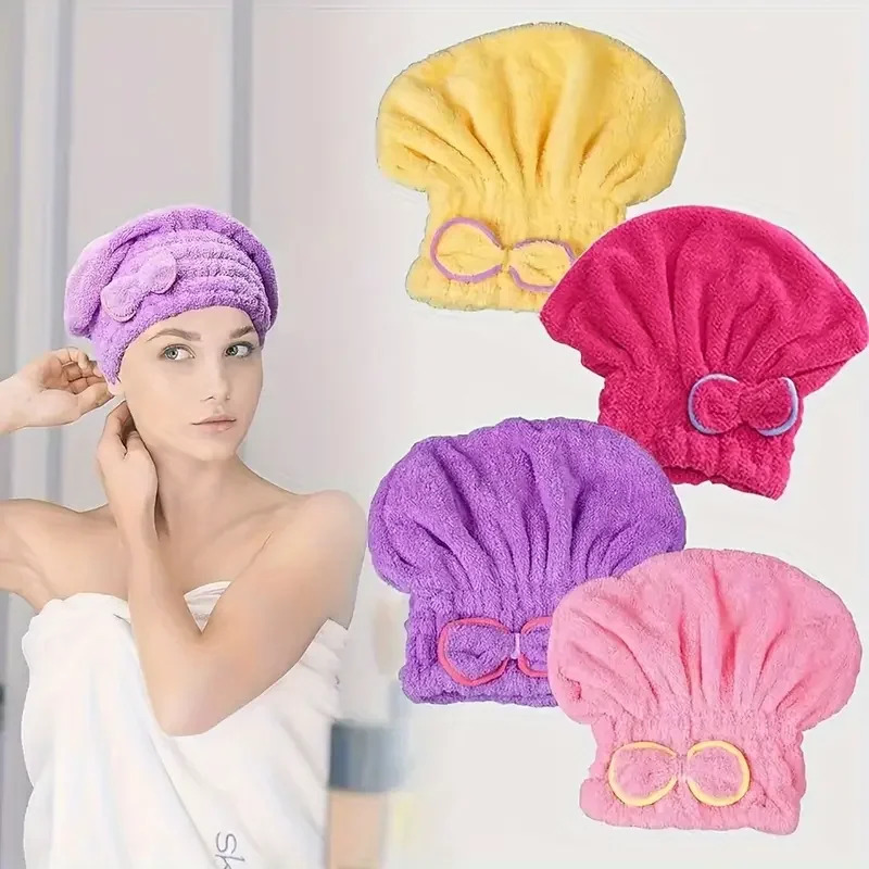 Home Bathroom Gadgets - 速乾性ヘアキャップ女性ボウタイ入浴帽子マイクロファイバータオルスーパーファイバーシャワーキャップスパバスルームアクセサリーシャワーキャップ