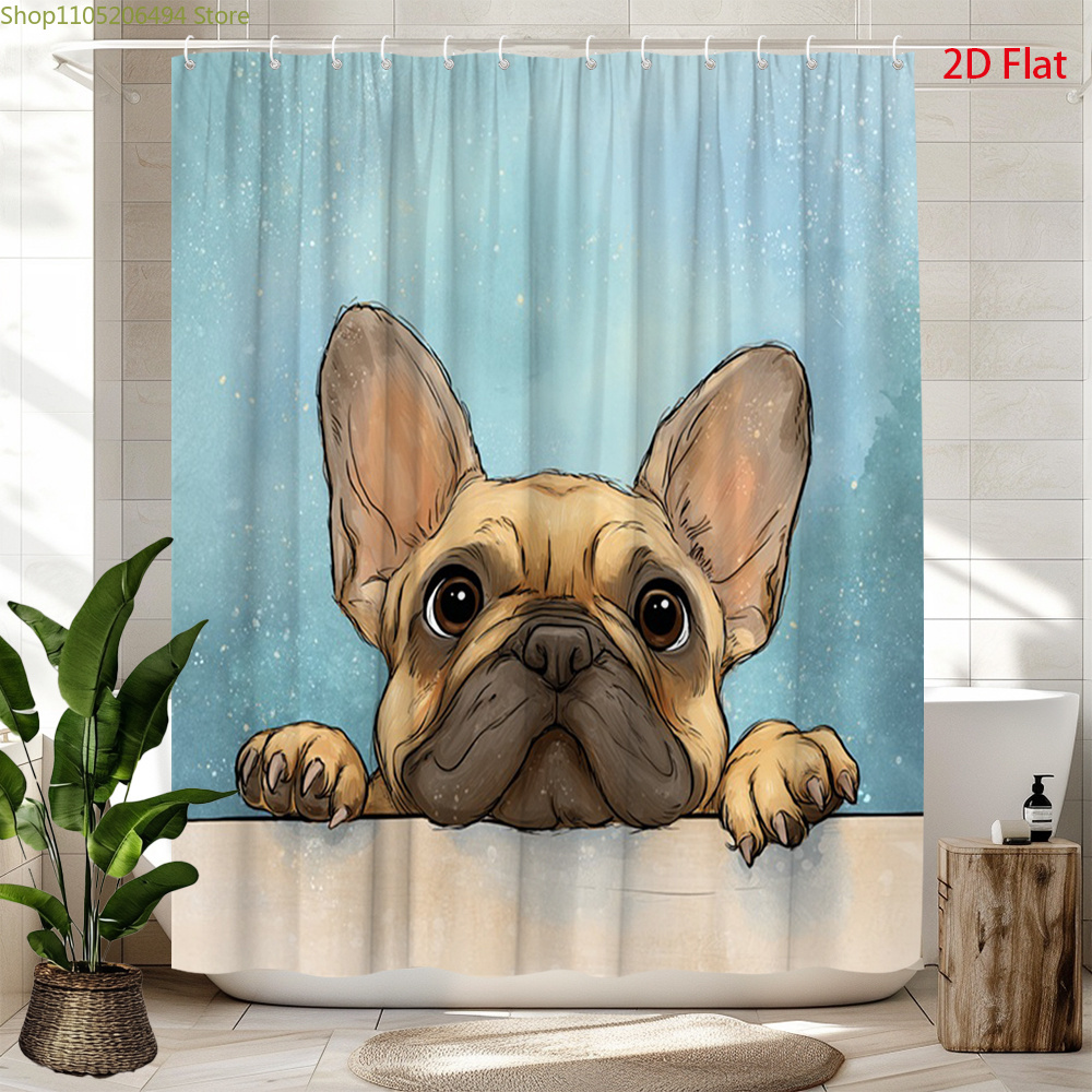 Adorable Home Bathroom Ideas - かわいいフレンチブルドッグのシャワーカーテン、愛らしいペット犬のデザイン、家の装飾用の防水バスライナー、居心地の良いバスルームのアイデア