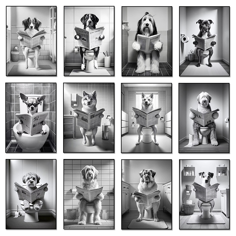 Home Bathroom Toilet - 面白い動物犬がトイレに座って新聞を読んでいるファッションポスターキャンバス絵画ウォールアート写真バスルームホームデコ