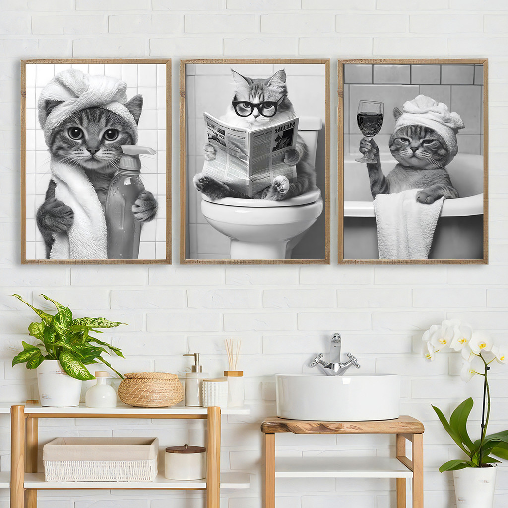 Home Bathroom Toilet - 黒と白のかわいい動物キャンバス絵画面白い猫プリントポスター浴室トイレ壁アート家の装飾用-フレームなし