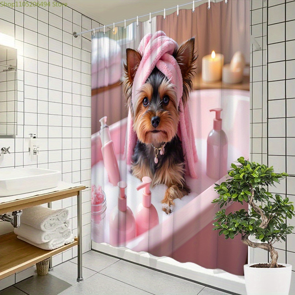 Adorable Home Bathroom Ideas - かわいいヨーキー犬の浴槽シャワーカーテン、愛らしいペットの入浴シーンデザイン、防水バスライナー、家の装飾、居心地の良いバスルームのアイデアに。