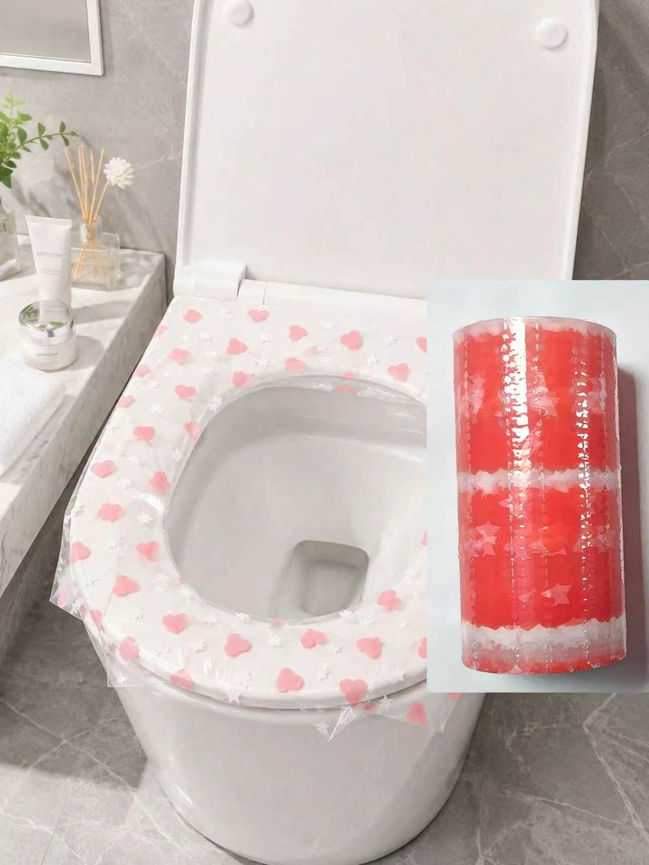Home Bathroom Supplies - 133枚入り使い捨て便座カバー、防水便座保護フィルム、ハート柄 - 旅行、ホテル、公共トイレ、家庭の浴室に適した携帯用衛生パッド、旅行用品、新学期用品
