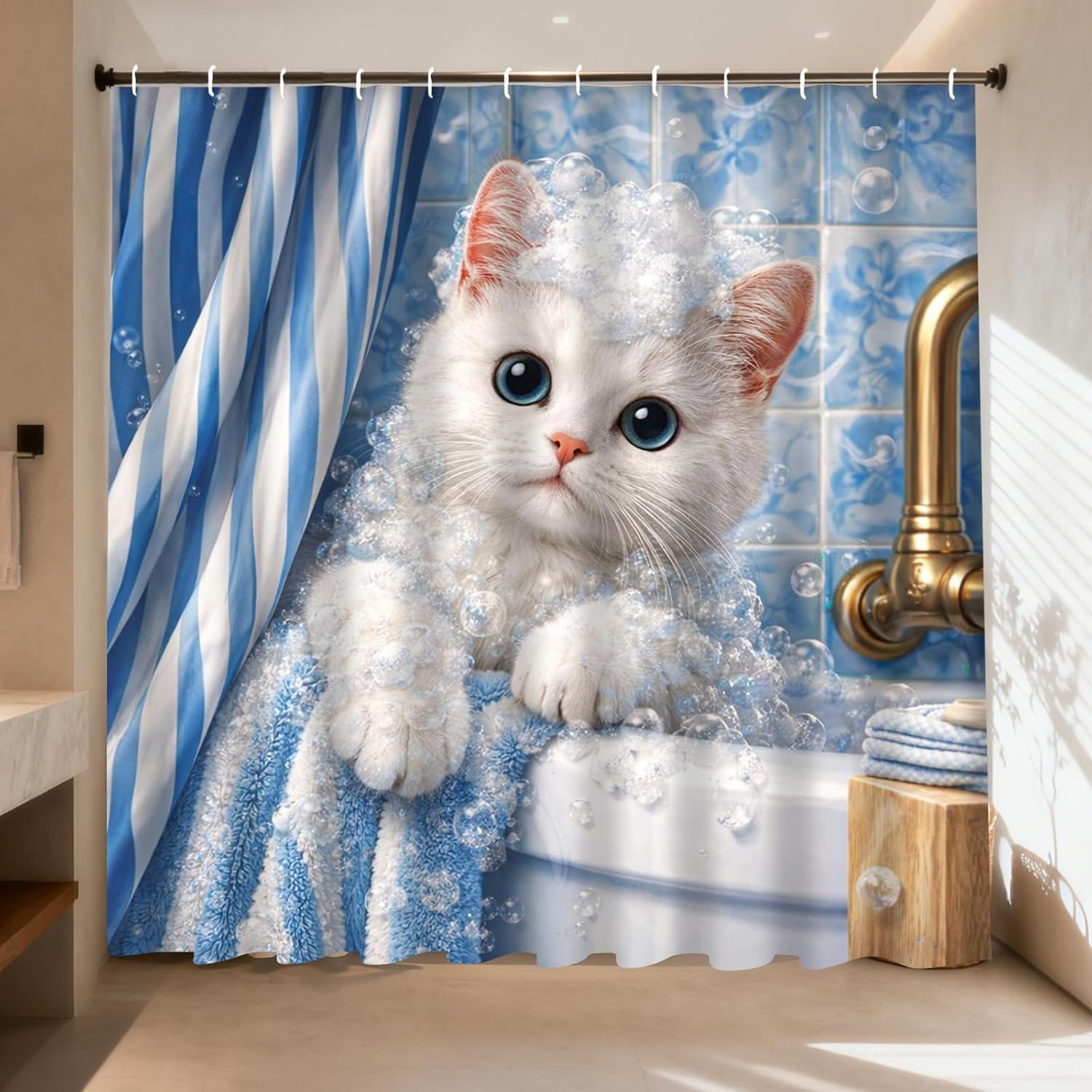 Adorable Home Bathroom Ideas - かわいい子猫のバブルシャワーカーテン ブルーストライプ 防水 バスルーム装飾 ポリエステルカーテン ペット