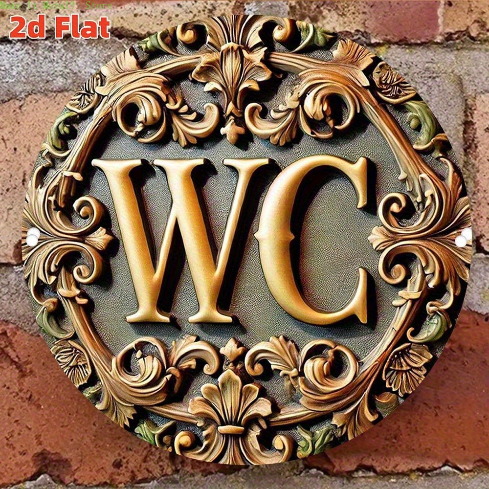 Home Bathroom Signs - 2Dフラット装飾バロック様式「WC」バスルームサイン、丸型ブリキ看板、ヴィンテージメタルウォールアート、トイレ、パウダールーム、アンティークホームデコレーション用