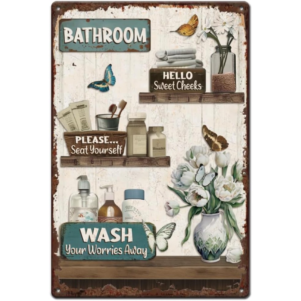 Home Bathroom Signs - バスルーム用花柄ブリキ看板 ヴィンテージ風吊り下げメタルポスター カラフルメタルポスターサイン 鉄製ウォールアートブリキ看板 ホームウォールデコレーション