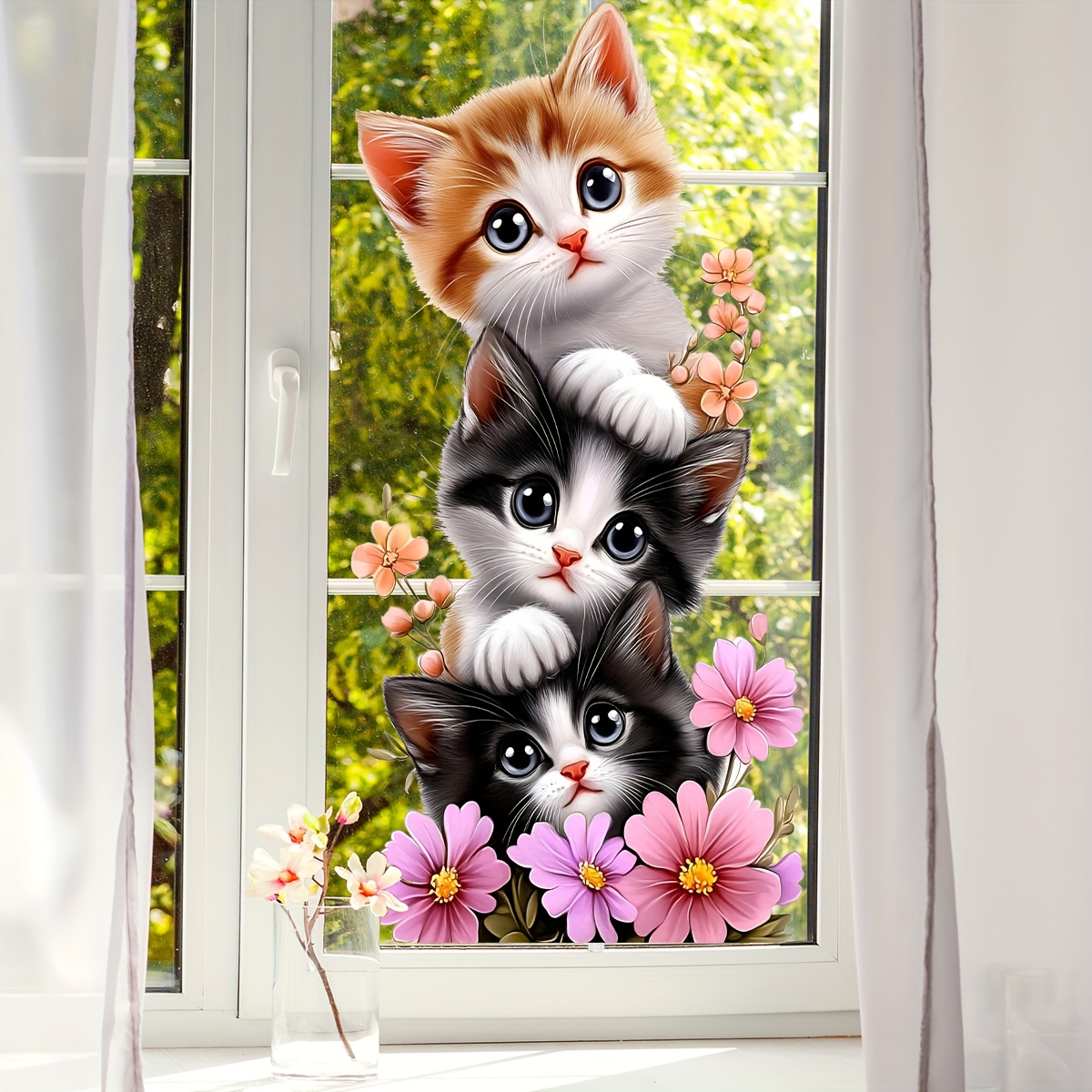 Home One Bathroom - 1枚入りのかわいい子猫のジェンガ蝶の花柄ウィンドウ＆ウォールステッカー、自己粘着PVCホームデコレーションステッカー、リビングルーム、寝室、ダイニングルーム、バスルーム、玄関、ドア、窓、壁デコレーションに最適、温かく楽しい空間を簡単に作成、家族、友人、愛する人への創造的で心のこもった贈り物。
