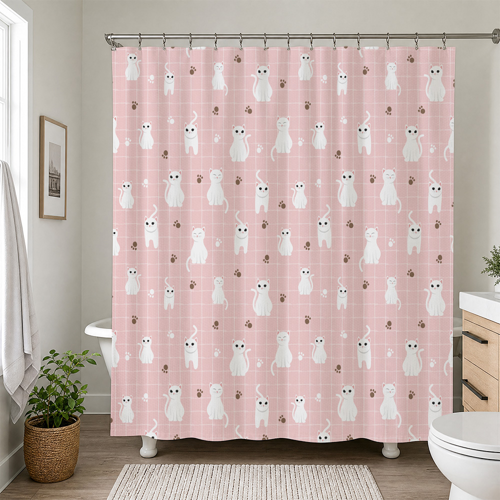 かわいい猫柄の防水シャワーカーテン ピンクのバスルーム用シャ - Adorable Home Bathroom Ideas のレビューと価格