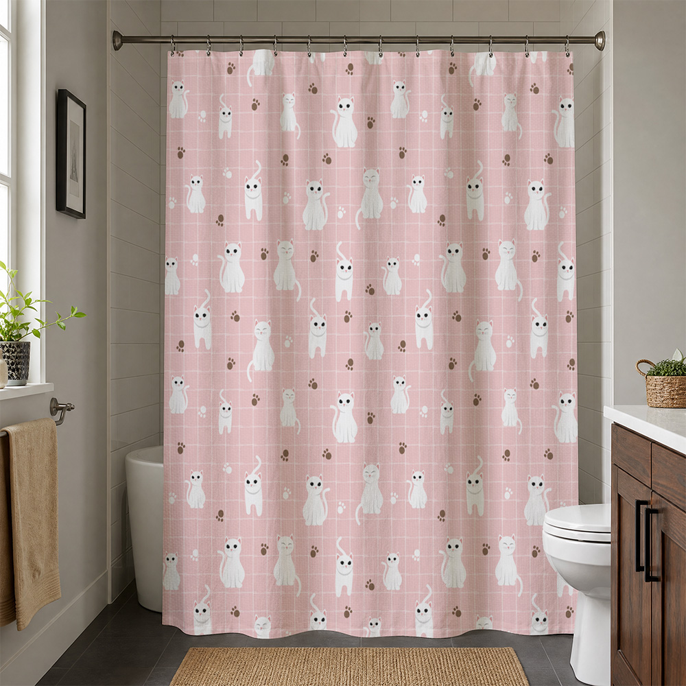 かわいい猫柄の防水シャワーカーテン ピンクのバスルーム用シャ - Adorable Home Bathroom Ideas のレビューと価格