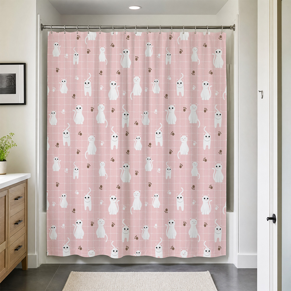 かわいい猫柄の防水シャワーカーテン ピンクのバスルーム用シャ - Adorable Home Bathroom Ideas のレビューと価格