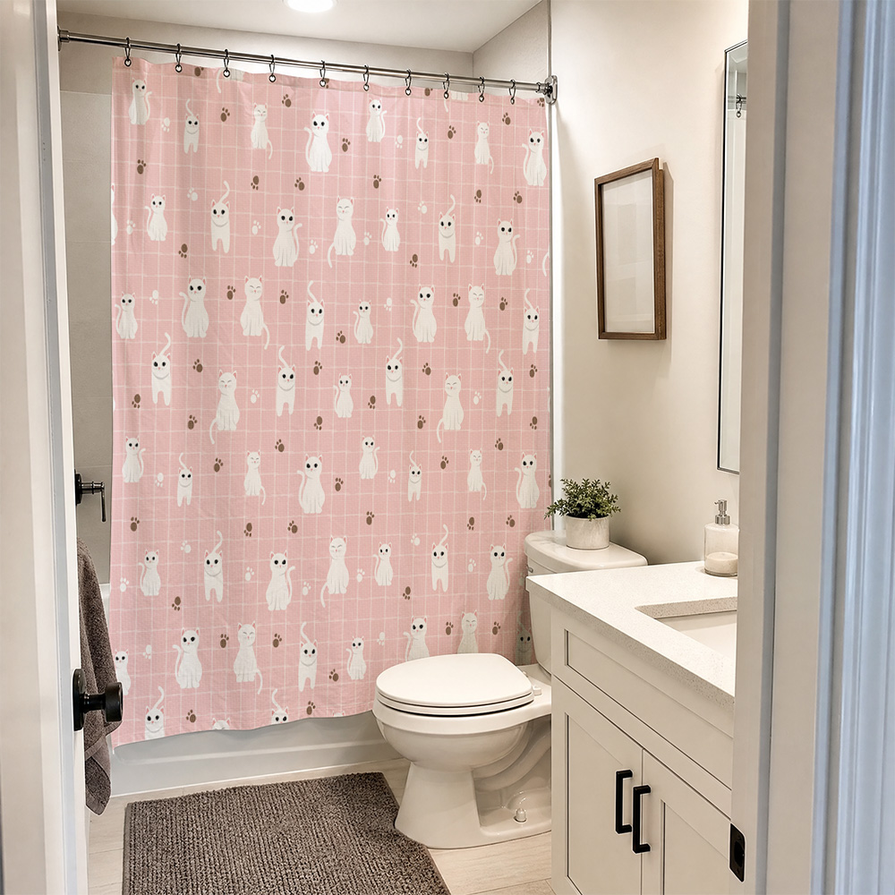 かわいい猫柄の防水シャワーカーテン ピンクのバスルーム用シャ - Adorable Home Bathroom Ideas のレビューと価格