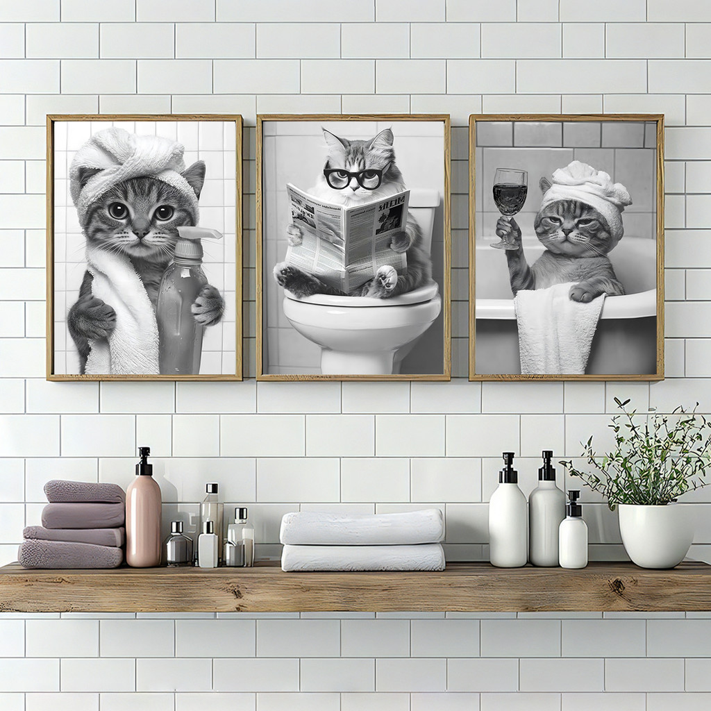 黒と白のかわいい動物キャンバス絵画面白い猫プリントポスター浴 - Home Bathroom Toilet のレビューと価格