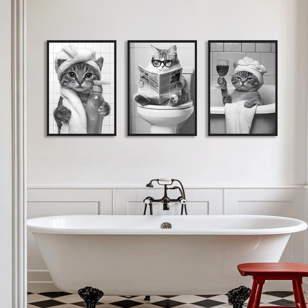 黒と白のかわいい動物キャンバス絵画面白い猫プリントポスター浴 - Home Bathroom Toilet のレビューと価格
