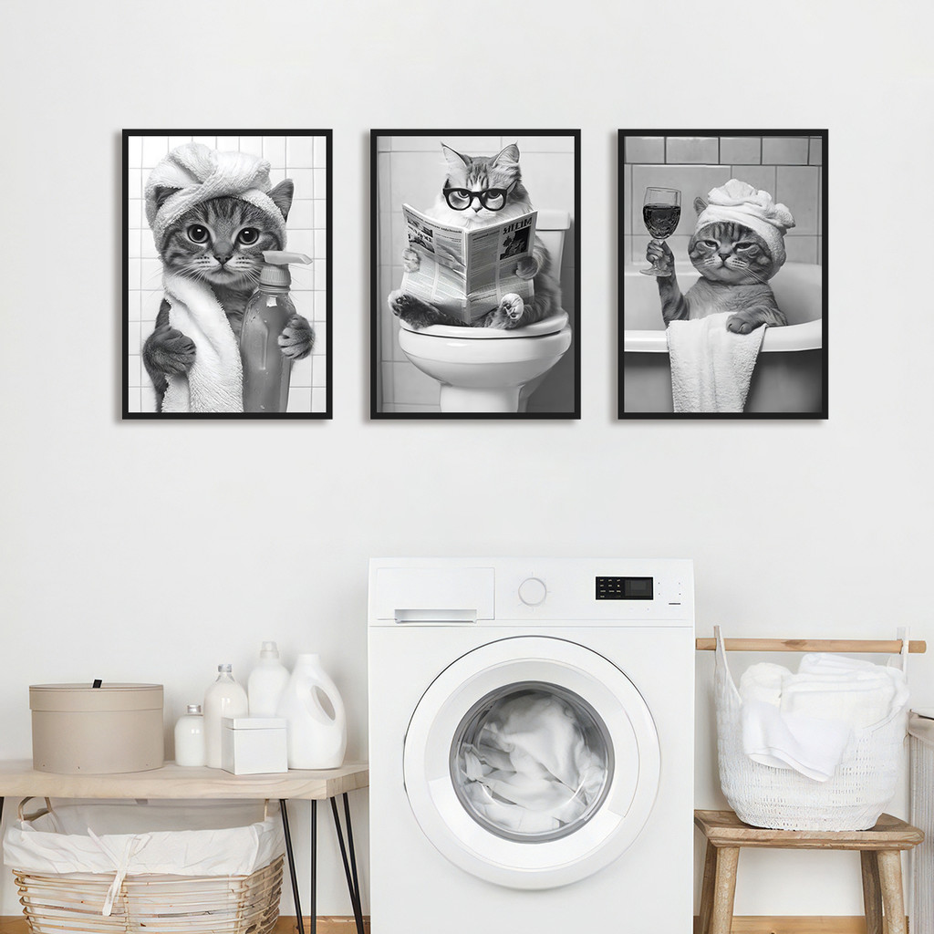 黒と白のかわいい動物キャンバス絵画面白い猫プリントポスター浴 - Home Bathroom Toilet のレビューと価格