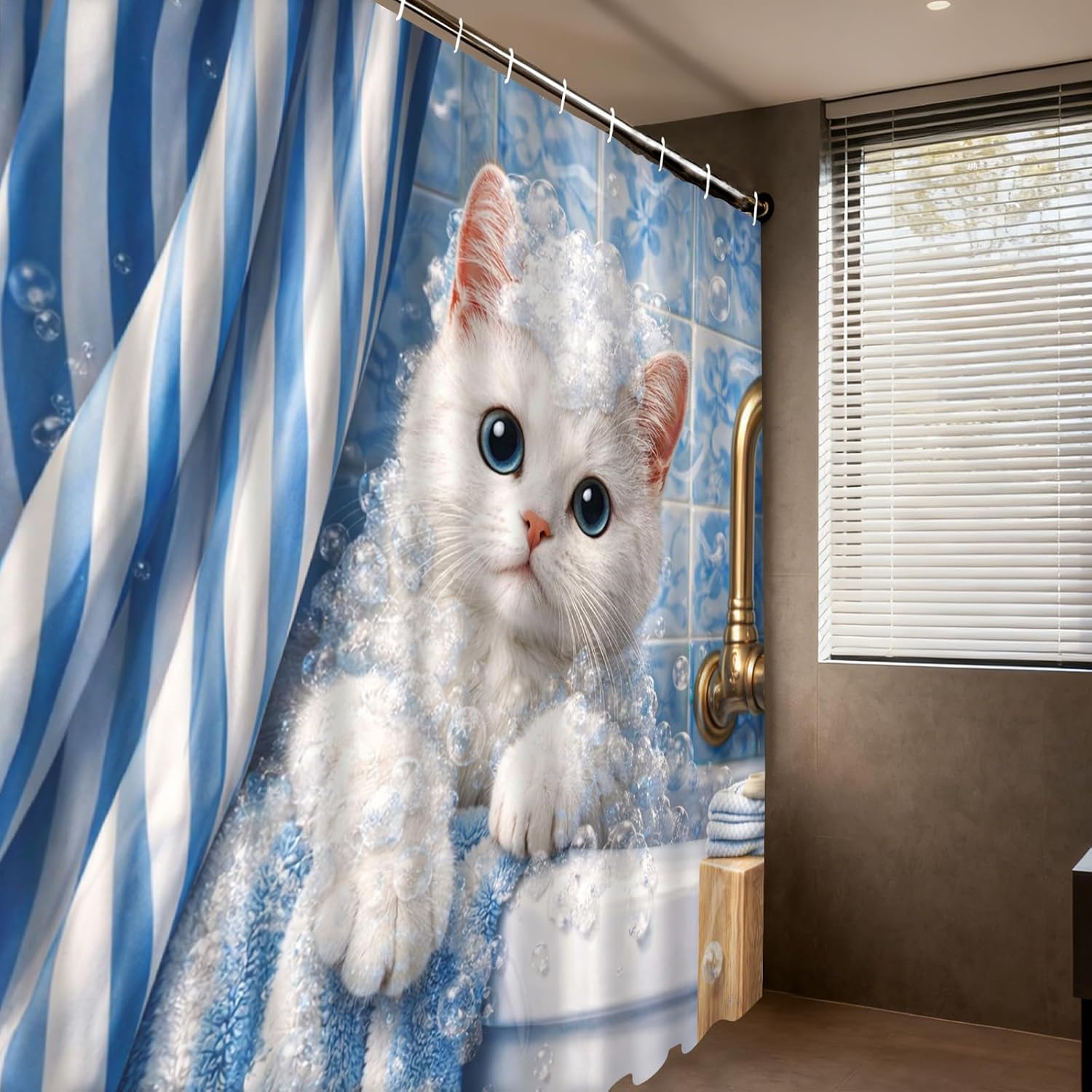かわいい子猫のバブルシャワーカーテン ブルーストライプ 防水 - Adorable Home Bathroom Ideas のレビューと価格