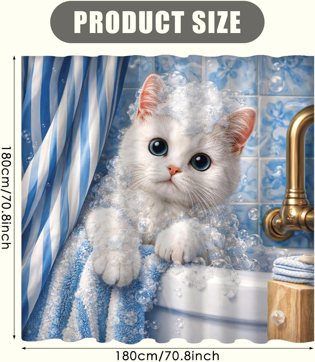 かわいい子猫のバブルシャワーカーテン ブルーストライプ 防水 - Adorable Home Bathroom Ideas のレビューと価格