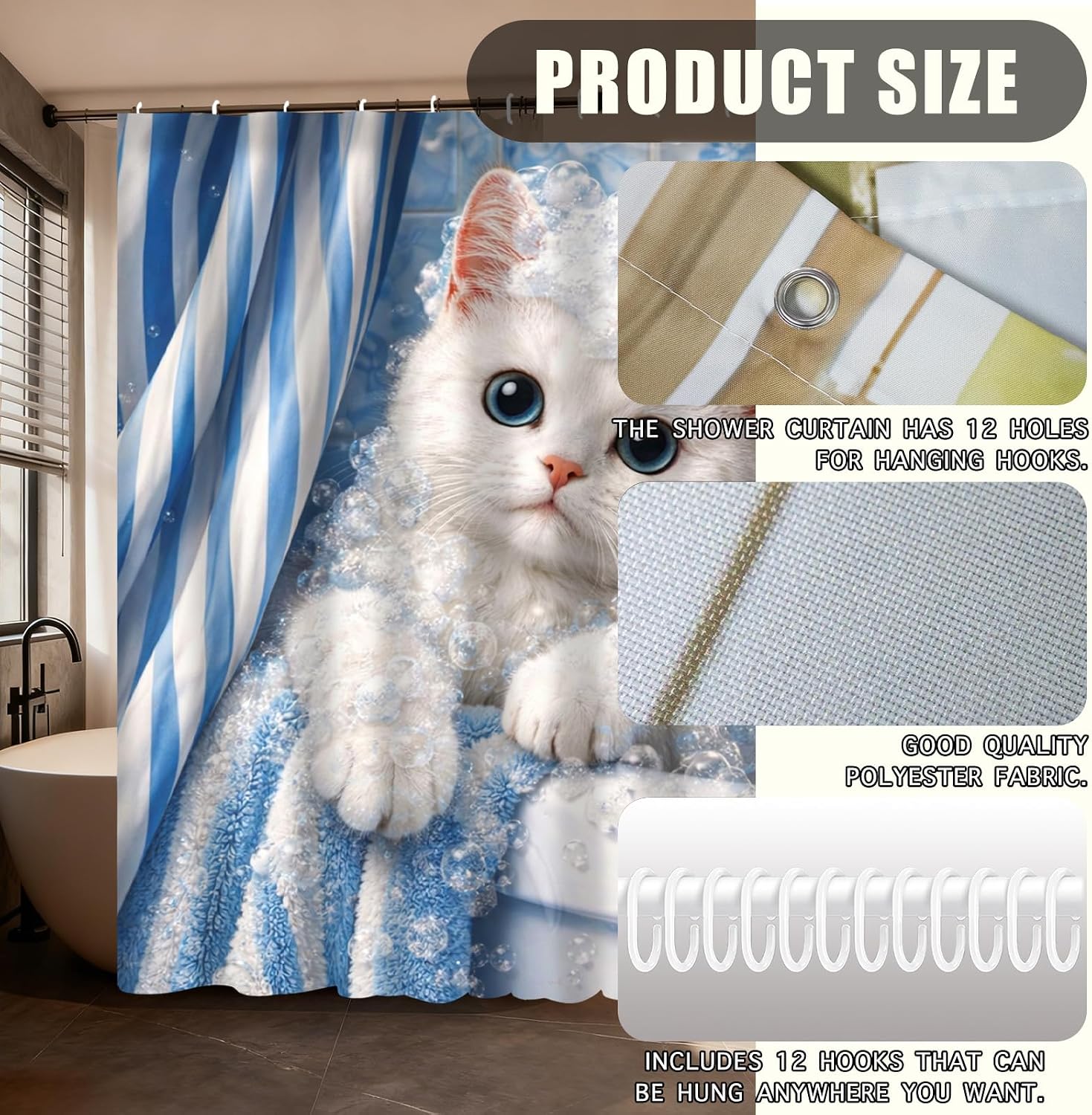 かわいい子猫のバブルシャワーカーテン ブルーストライプ 防水 - Adorable Home Bathroom Ideas のレビューと価格